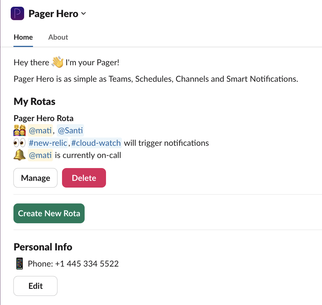 Pager Hero home page - where you can find your personal info